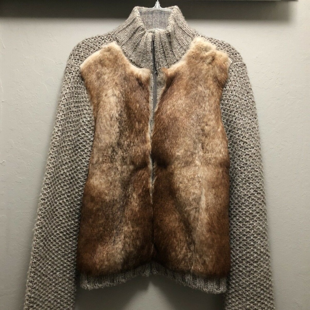 Zara Brown Rabbit Fur Wool Turtleneck Jacket